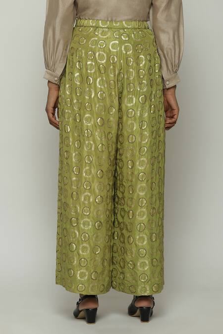 Buy Abraham And Thakore Green Silk Sequins, Beads Circle Print Flared Pant Online at Aza Fashions Buy_Abraham And Thakore_Green Silk Sequins, Beads Circle Print Flared Pant_Online_at_Aza_Fashions