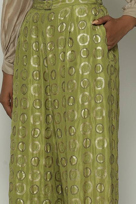 Shop Abraham And Thakore Green Silk Sequins, Beads Circle Print Flared Pant Online at Aza Fashions Shop_Abraham And Thakore_Green Silk Sequins, Beads Circle Print Flared Pant_Online_at_Aza_Fashions