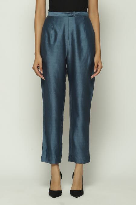 Shop Abraham And Thakore Blue Chanderi Plain Tapered Pant at Aza Fashions Shop_Abraham And Thakore_Blue Chanderi Plain Tapered Pant_at_Aza_Fashions