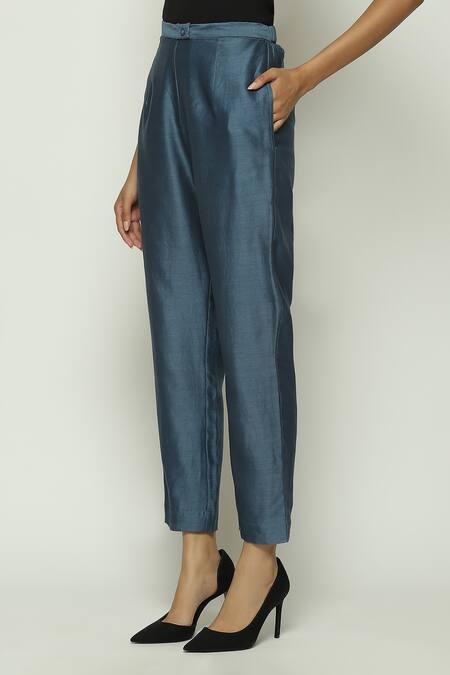 Abraham And Thakore Blue Chanderi Plain Tapered Pant Online at Aza Fashions Abraham And Thakore_Blue Chanderi Plain Tapered Pant_Online_at_Aza_Fashions