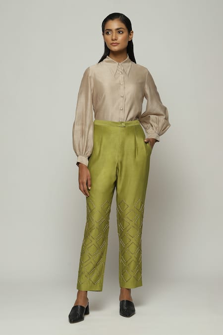 ABRAHAM AND THAKORE Chanderi Embroidered Pant 