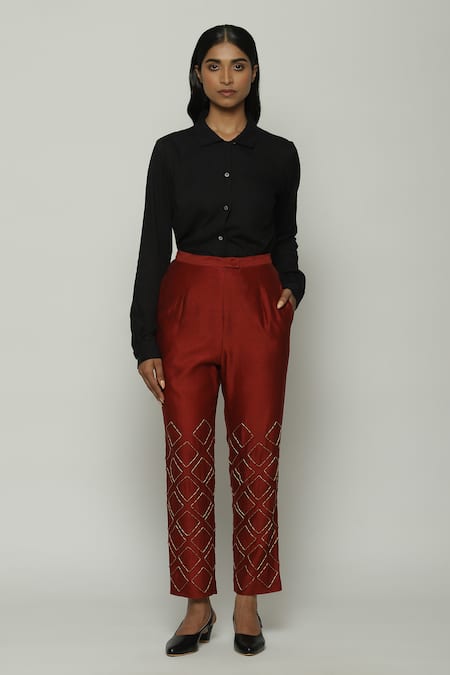 Abraham And Thakore Red Chanderi Embroidery Straight Pant 