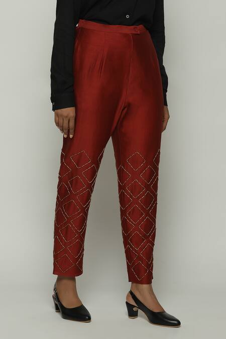 Abraham And Thakore_Red Chanderi Embroidery Straight Pant_Online_at_Aza_Fashions