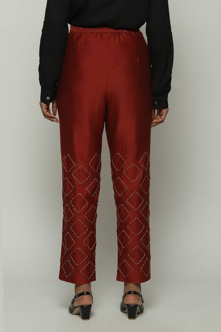 Buy_Abraham And Thakore_Red Chanderi Embroidery Straight Pant_Online_at_Aza_Fashions