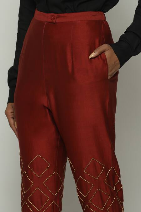Shop_Abraham And Thakore_Red Chanderi Embroidery Straight Pant_Online_at_Aza_Fashions