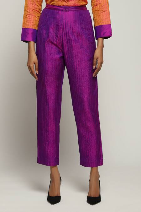 Shop Abraham And Thakore Purple Silk Embroidery Pant at Aza Fashions Shop_Abraham And Thakore_Purple Silk Embroidery Pant_at_Aza_Fashions