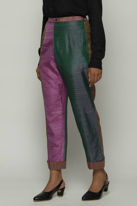 Abraham And Thakore_Purple Silk Color Block Pant_Online_at_Aza_Fashions