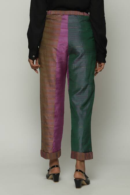 Shop_Abraham And Thakore_Purple Silk Color Block Pant_Online_at_Aza_Fashions