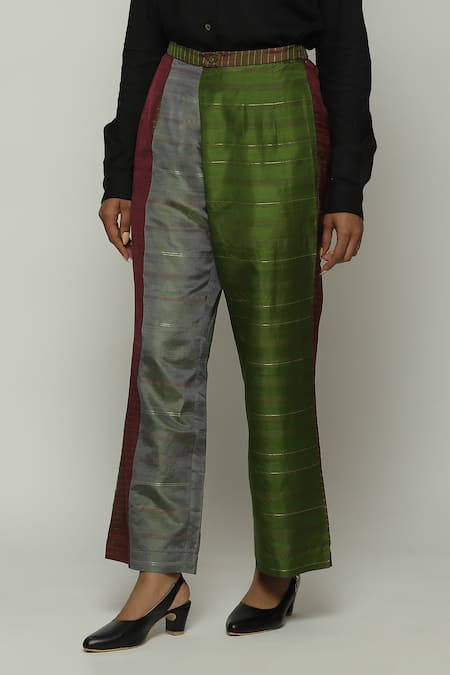 Shop_Abraham And Thakore_Wine Silk Color Block Pant _at_Aza_Fashions