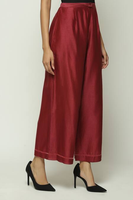 Shop_Abraham And Thakore_Wine Chanderi Flared Pant _at_Aza_Fashions