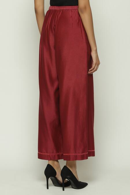 Abraham And Thakore_Wine Chanderi Flared Pant _Online_at_Aza_Fashions