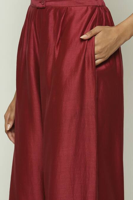 Buy_Abraham And Thakore_Wine Chanderi Flared Pant _Online_at_Aza_Fashions