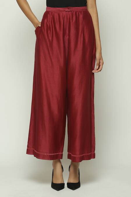 Abraham And Thakore_Wine Chanderi Flared Pant _at_Aza_Fashions