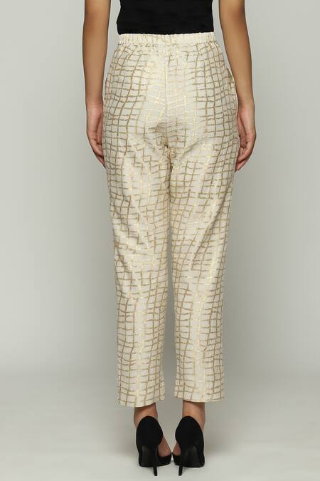 Abraham And Thakore_Ivory Brocade Chequered Pattern Pant_Online_at_Aza_Fashions
