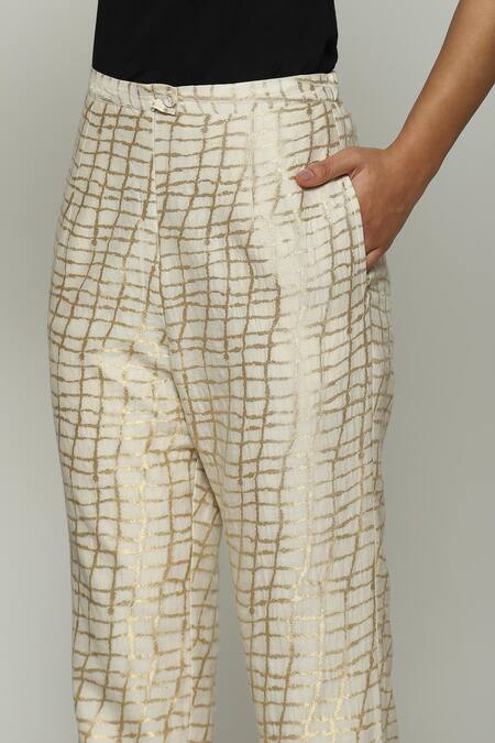 Buy_Abraham And Thakore_Ivory Brocade Chequered Pattern Pant_Online_at_Aza_Fashions
