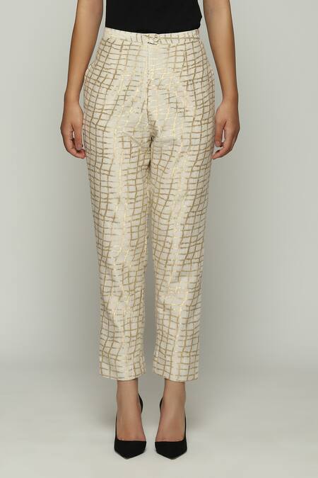 Abraham And Thakore_Ivory Brocade Chequered Pattern Pant_at_Aza_Fashions