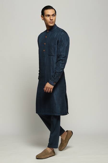 Abraham And Thakore_Blue Silk Embroidery Tonal Trupanto Kurta_Online_at_Aza_Fashions