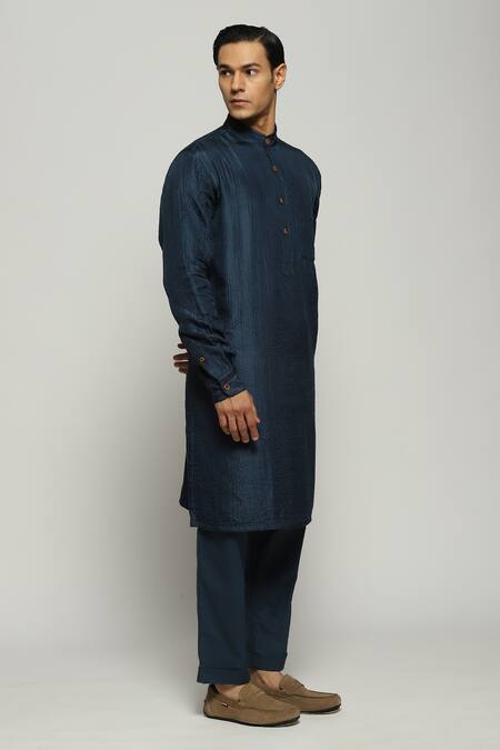 Buy_Abraham And Thakore_Blue Silk Embroidery Tonal Trupanto Kurta_Online_at_Aza_Fashions
