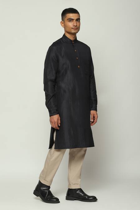 Abraham And Thakore_Black Silk Embroidery Tonal Trupanto Straight Kurta_Online_at_Aza_Fashions