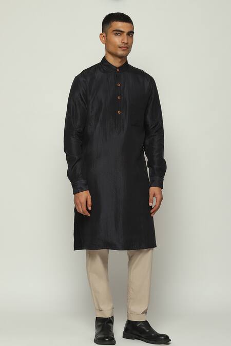 Buy_Abraham And Thakore_Black Silk Embroidery Tonal Trupanto Straight Kurta_Online_at_Aza_Fashions