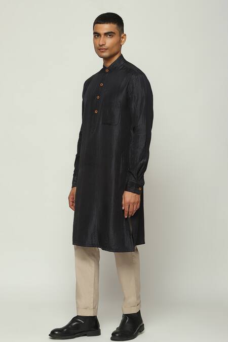 Abraham And Thakore_Black Silk Embroidery Tonal Trupanto Straight Kurta_at_Aza_Fashions
