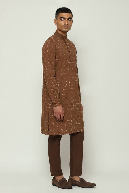 Abraham And Thakore_Maroon Handloom Cotton Embroidery Geometric Kurta_Online_at_Aza_Fashions