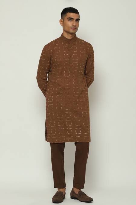 Buy_Abraham And Thakore_Maroon Handloom Cotton Embroidery Geometric Kurta_Online_at_Aza_Fashions