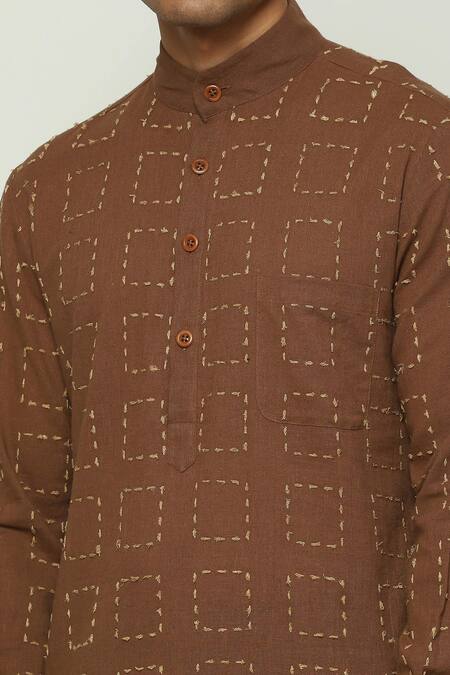 Shop_Abraham And Thakore_Maroon Handloom Cotton Embroidery Geometric Kurta_Online_at_Aza_Fashions
