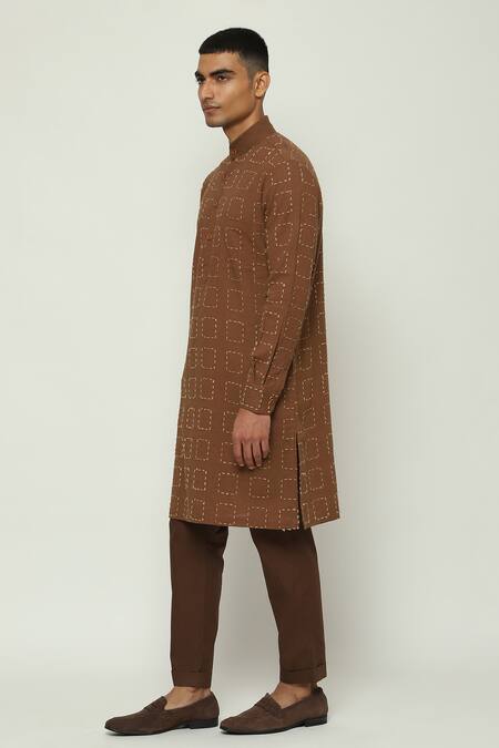 Abraham And Thakore_Maroon Handloom Cotton Embroidery Geometric Kurta_at_Aza_Fashions