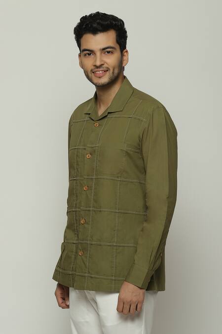 Abraham And Thakore Green Poplin Embroidery Checkered Shirt Online at Aza Fashions Abraham And Thakore_Green Poplin Embroidery Checkered Shirt_Online_at_Aza_Fashions