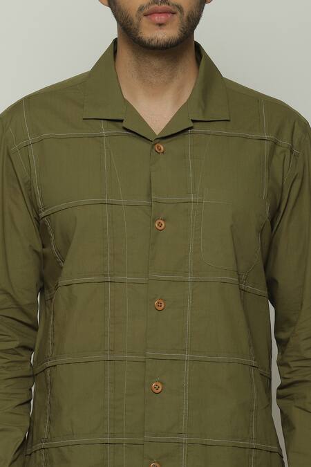 Shop Abraham And Thakore Green Poplin Embroidery Checkered Shirt Online at Aza Fashions Shop_Abraham And Thakore_Green Poplin Embroidery Checkered Shirt_Online_at_Aza_Fashions
