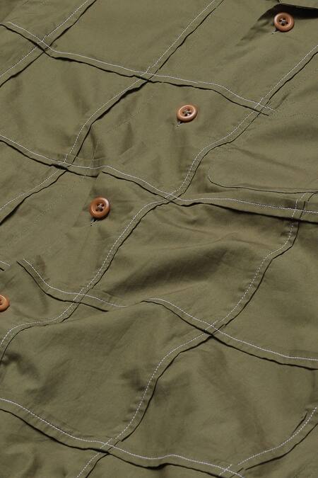 Abraham And Thakore Green Poplin Embroidery Checkered Shirt at Aza Fashions Abraham And Thakore_Green Poplin Embroidery Checkered Shirt_at_Aza_Fashions