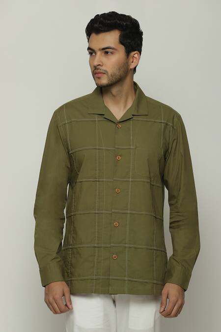 Buy Abraham And Thakore Green Poplin Embroidery Checkered Shirt Buy_Abraham And Thakore_Green Poplin Embroidery Checkered Shirt