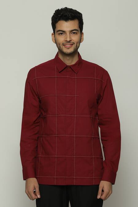 Abraham And Thakore Wine Poplin Embroidery Checkered Button Down Shirt Online at Aza Fashions Abraham And Thakore_Wine Poplin Embroidery Checkered Button Down Shirt_Online_at_Aza_Fashions