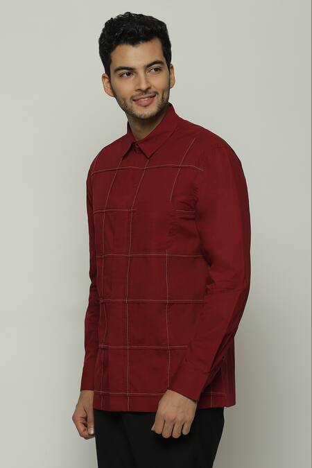 Buy Abraham And Thakore Wine Poplin Embroidery Checkered Button Down Shirt Online at Aza Fashions Buy_Abraham And Thakore_Wine Poplin Embroidery Checkered Button Down Shirt_Online_at_Aza_Fashions