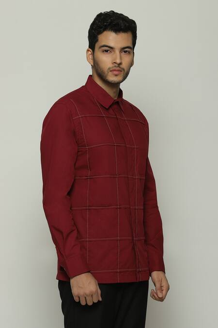 Shop Abraham And Thakore Wine Poplin Embroidery Checkered Button Down Shirt Online at Aza Fashions Shop_Abraham And Thakore_Wine Poplin Embroidery Checkered Button Down Shirt_Online_at_Aza_Fashions