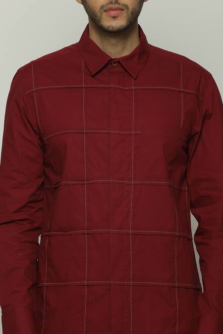 Abraham And Thakore Wine Poplin Embroidery Checkered Button Down Shirt at Aza Fashions Abraham And Thakore_Wine Poplin Embroidery Checkered Button Down Shirt_at_Aza_Fashions