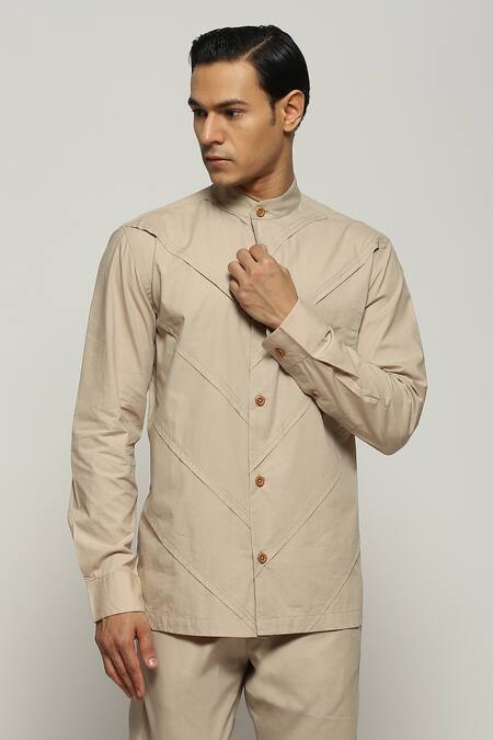 Buy Abraham And Thakore Beige Poplin Digonal Pleated Button Down Shirt Online at Aza Fashions Buy_Abraham And Thakore_Beige Poplin Digonal Pleated Button Down Shirt_Online_at_Aza_Fashions