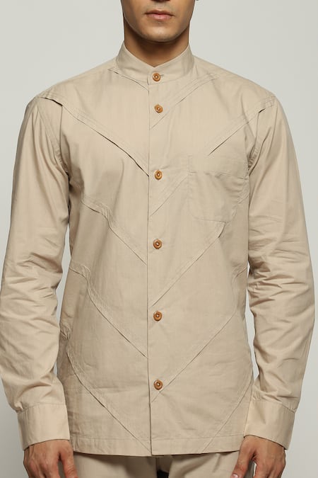 Buy Abraham And Thakore Beige Poplin Digonal Pleated Button Down Shirt Buy_Abraham And Thakore_Beige Poplin Digonal Pleated Button Down Shirt