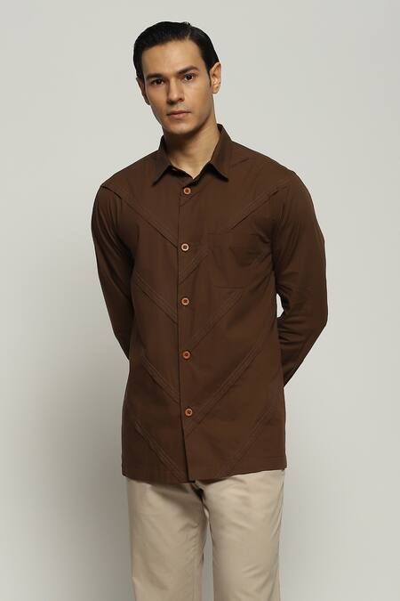 Abraham And Thakore_Brown Poplin Diagonal Pleated Shirt_Online_at_Aza_Fashions