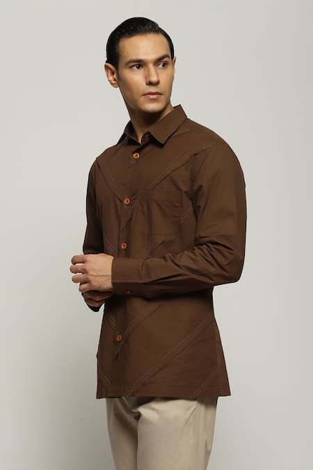 Buy_Abraham And Thakore_Brown Poplin Diagonal Pleated Shirt_Online_at_Aza_Fashions