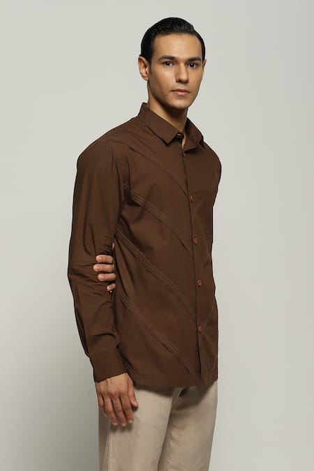 Shop_Abraham And Thakore_Brown Poplin Diagonal Pleated Shirt_Online_at_Aza_Fashions