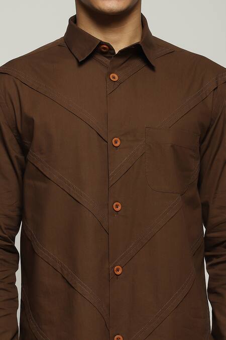Abraham And Thakore_Brown Poplin Diagonal Pleated Shirt_at_Aza_Fashions