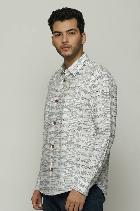 Abraham And Thakore Ivory Poplin Car Pattern Button Down Shirt Online at Aza Fashions Abraham And Thakore_Ivory Poplin Car Pattern Button Down Shirt_Online_at_Aza_Fashions