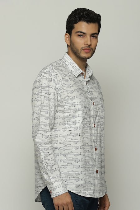 Buy Abraham And Thakore Ivory Poplin Car Pattern Button Down Shirt Online at Aza Fashions Buy_Abraham And Thakore_Ivory Poplin Car Pattern Button Down Shirt_Online_at_Aza_Fashions