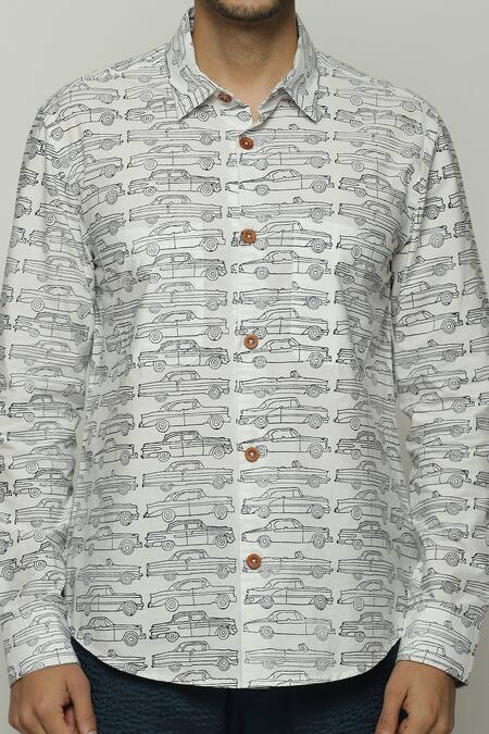 Shop Abraham And Thakore Ivory Poplin Car Pattern Button Down Shirt Online at Aza Fashions Shop_Abraham And Thakore_Ivory Poplin Car Pattern Button Down Shirt_Online_at_Aza_Fashions