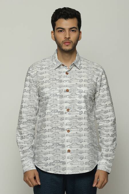 Abraham And Thakore_Ivory Poplin Car Pattern Button Down Shirt_at_Aza_Fashions