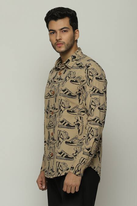 Abraham And Thakore_Brown Poplin Shoe Pattern Button Down Shirt_Online_at_Aza_Fashions