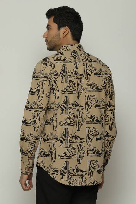 Shop Abraham And Thakore Brown Poplin Shoe Pattern Button Down Shirt at Aza Fashions Shop_Abraham And Thakore_Brown Poplin Shoe Pattern Button Down Shirt_at_Aza_Fashions
