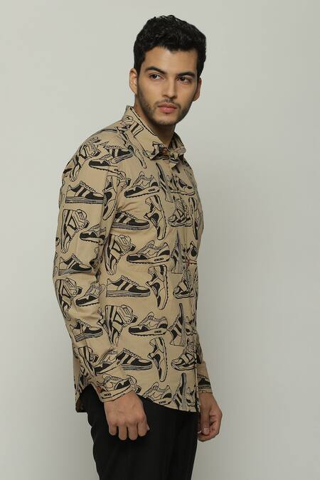 Buy Abraham And Thakore Brown Poplin Shoe Pattern Button Down Shirt Online at Aza Fashions Buy_Abraham And Thakore_Brown Poplin Shoe Pattern Button Down Shirt_Online_at_Aza_Fashions